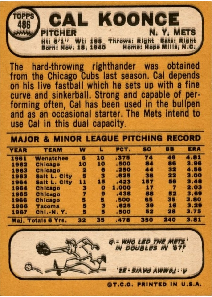 1968 Topps #486 Cal Koonce card back