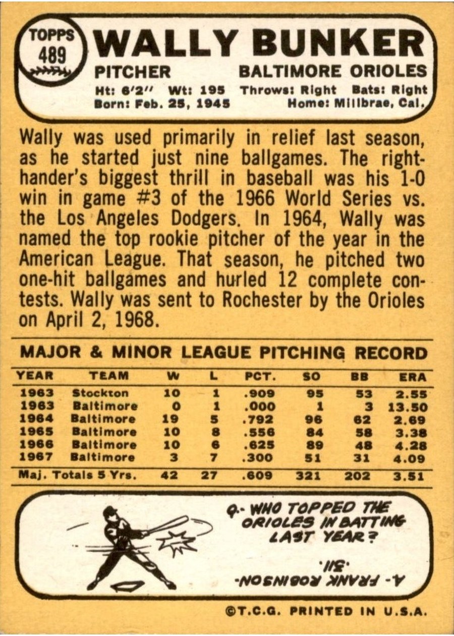 1968 Topps #489 Wally Bunker card back