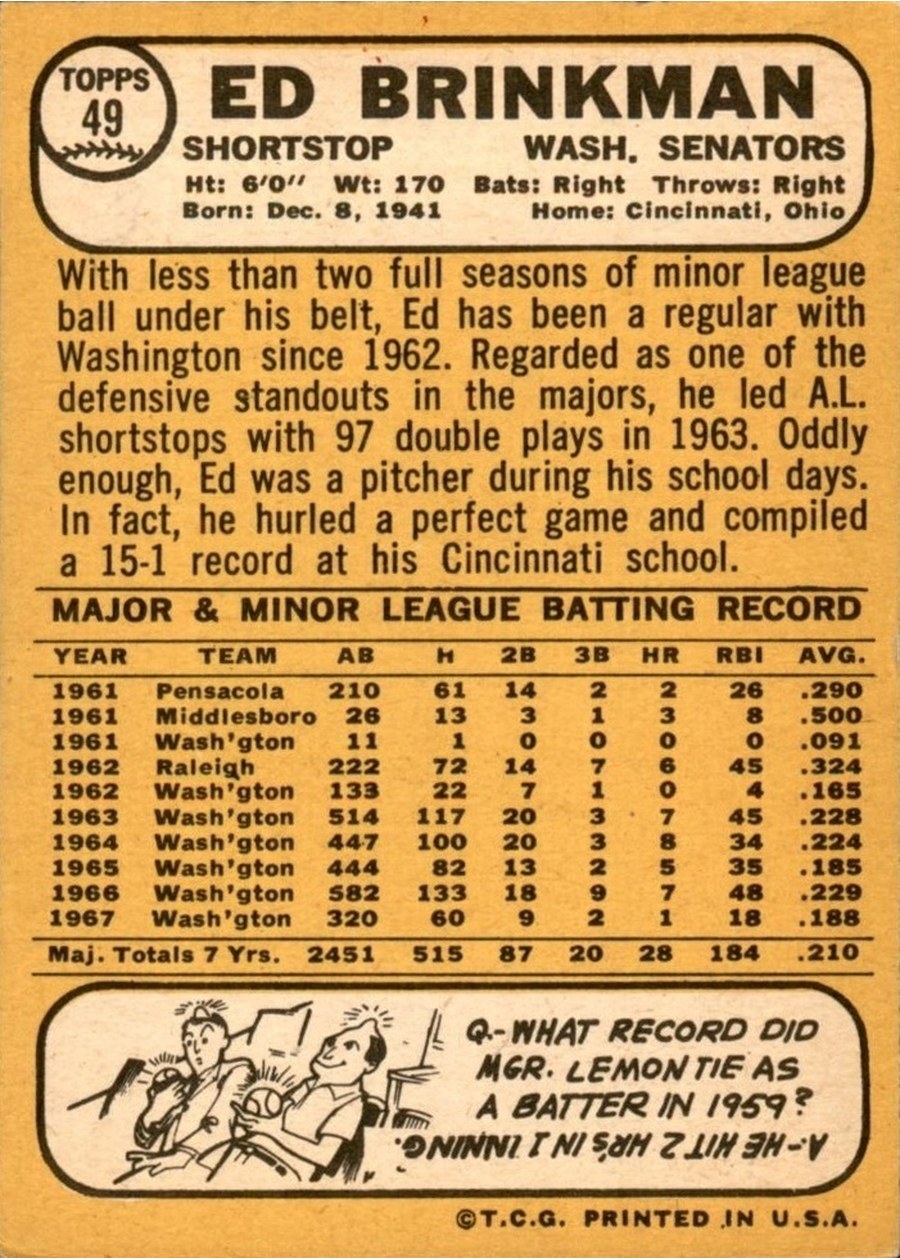 1968 Topps #49 Ed Brinkman card back