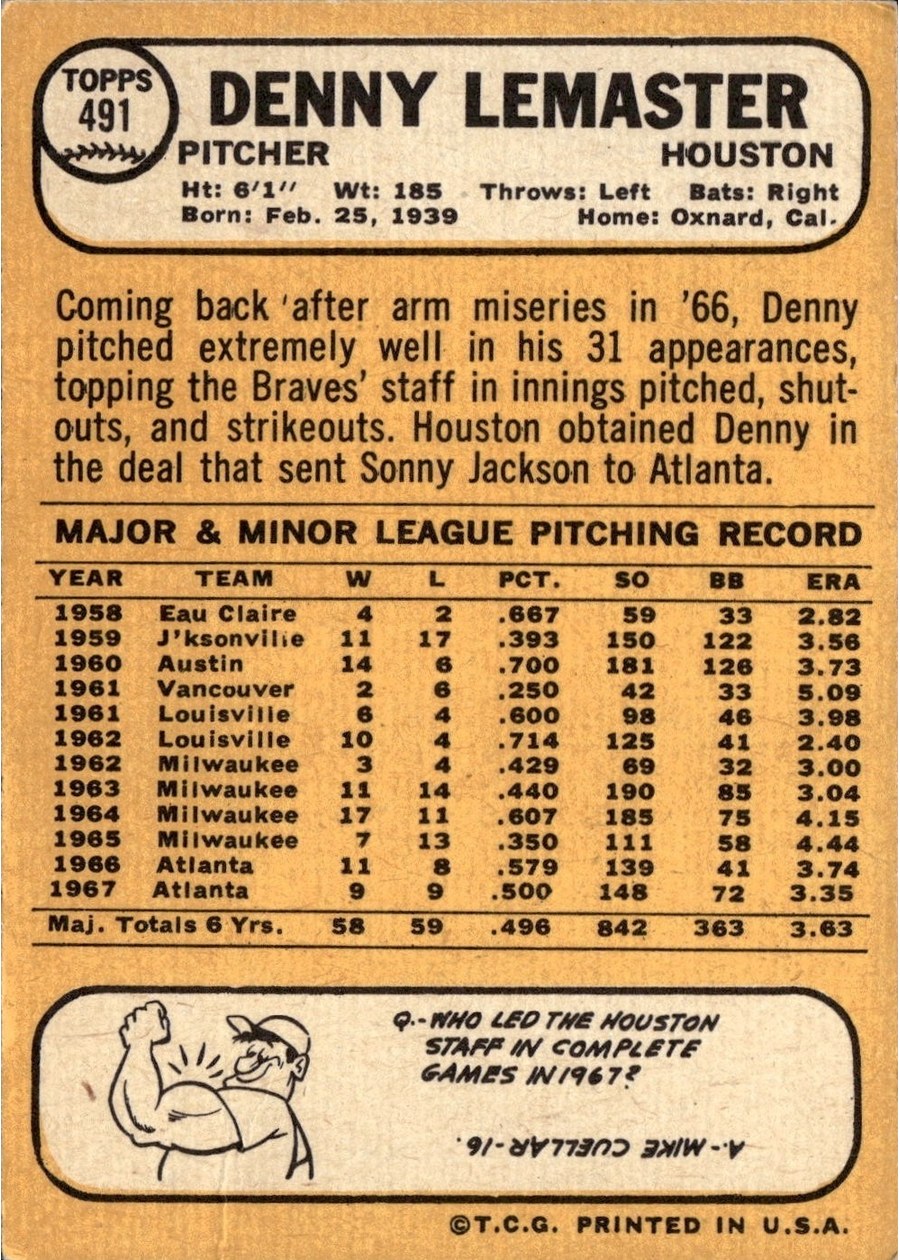1968 Topps #491 Denny Lemaster card back