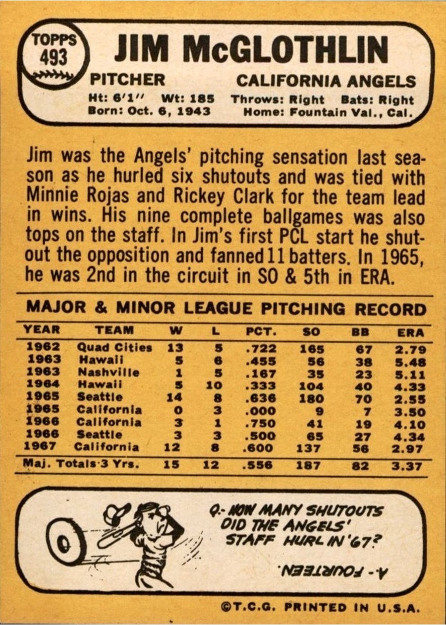 1968 Topps #493 Jim McGlothlin card back