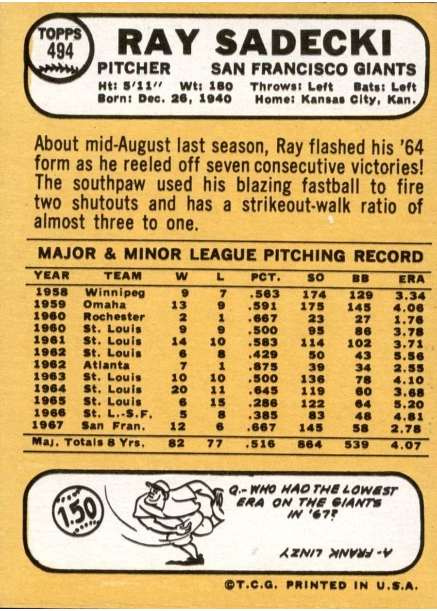 1968 Topps #494 Ray Sadecki card back