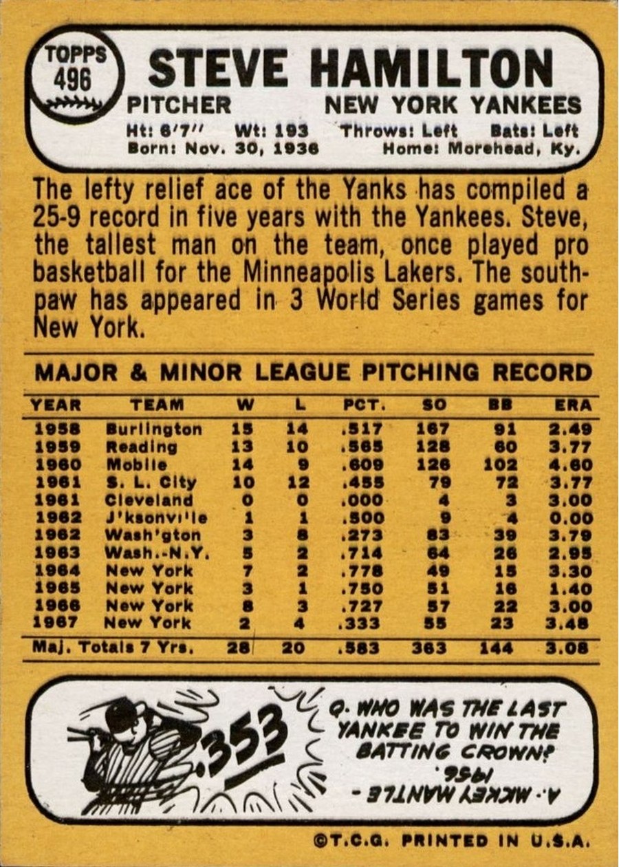 1968 Topps #496 Steve Hamilton card back