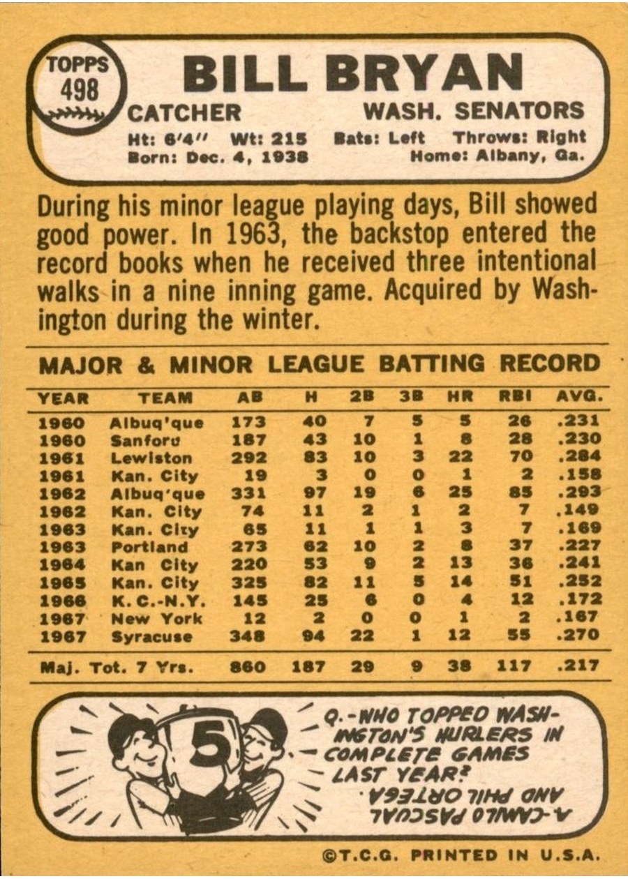 1968 Topps #498 Bill Bryan card back
