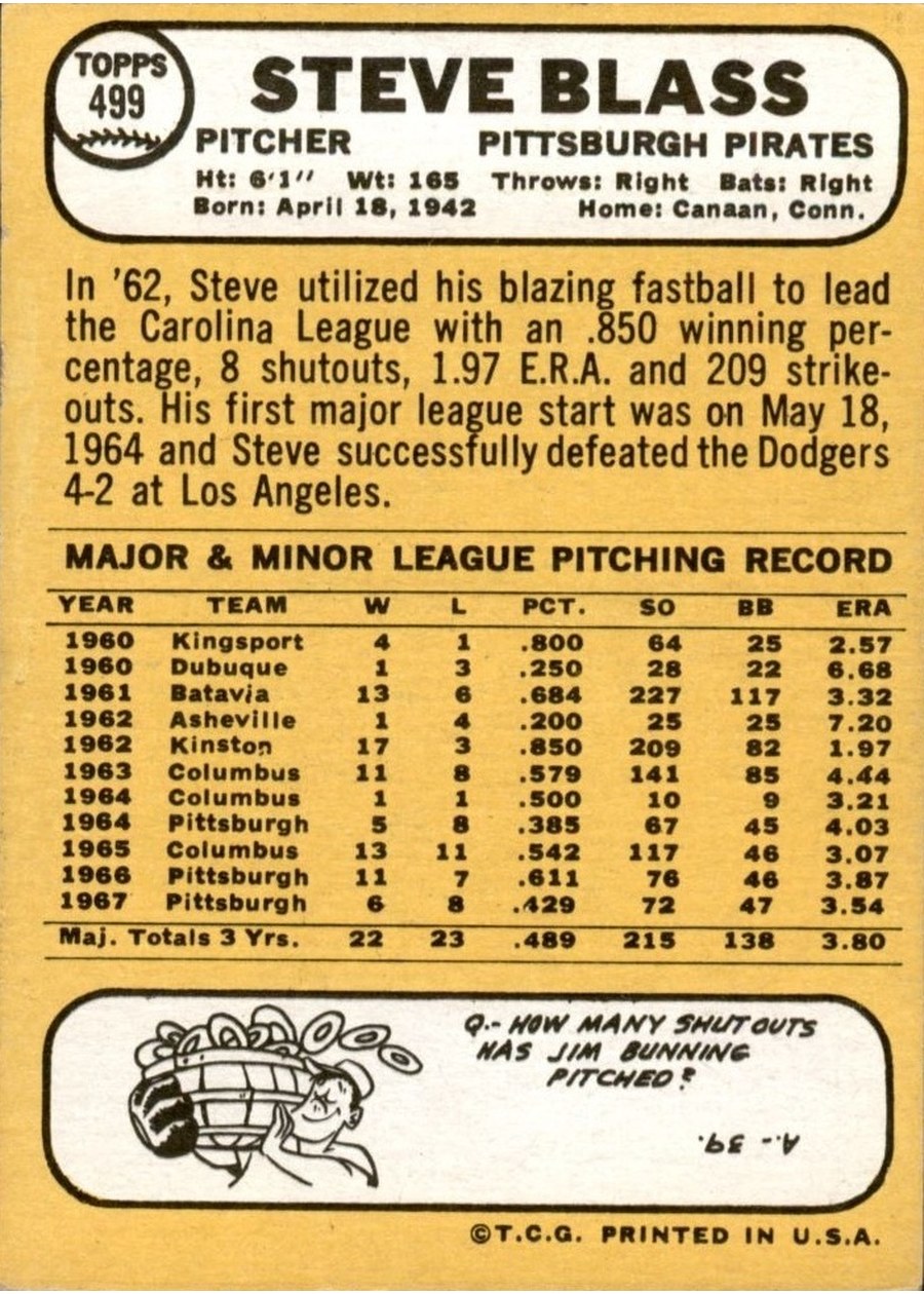 1968 Topps #499 Steve Blass card back