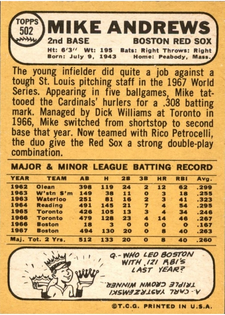 1968 Topps #502 Mike Andrews card back