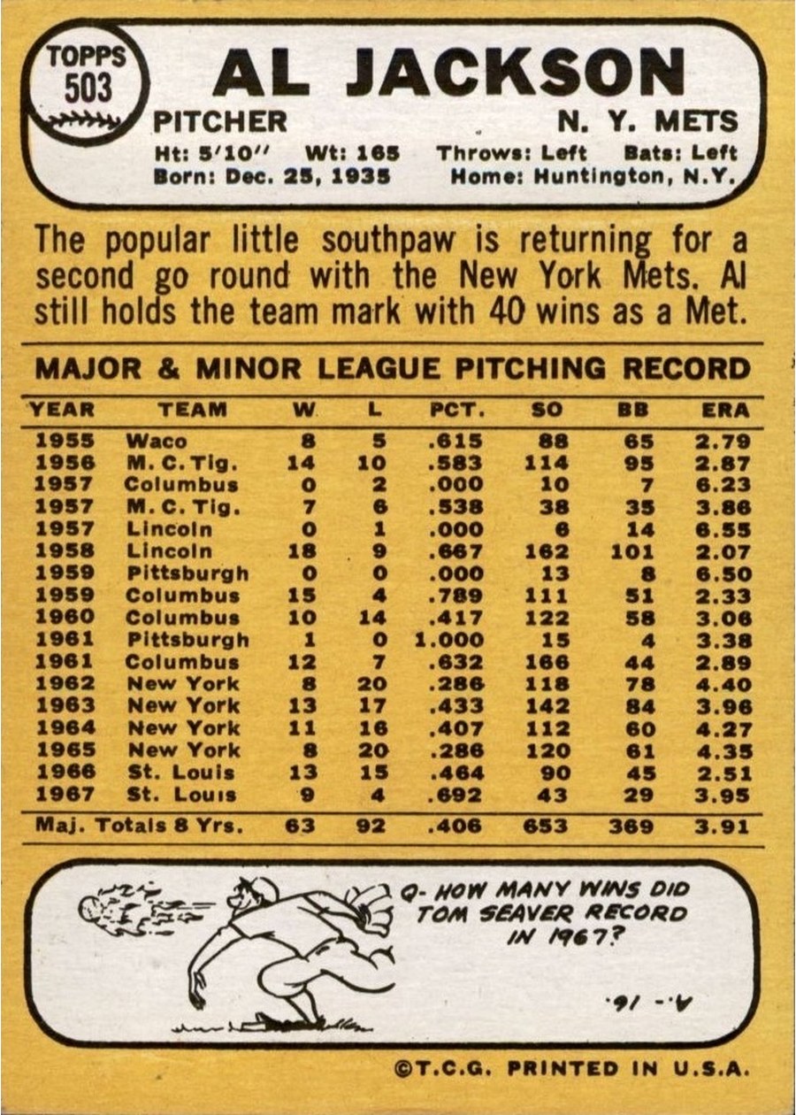 1968 Topps #503 Al Jackson card back