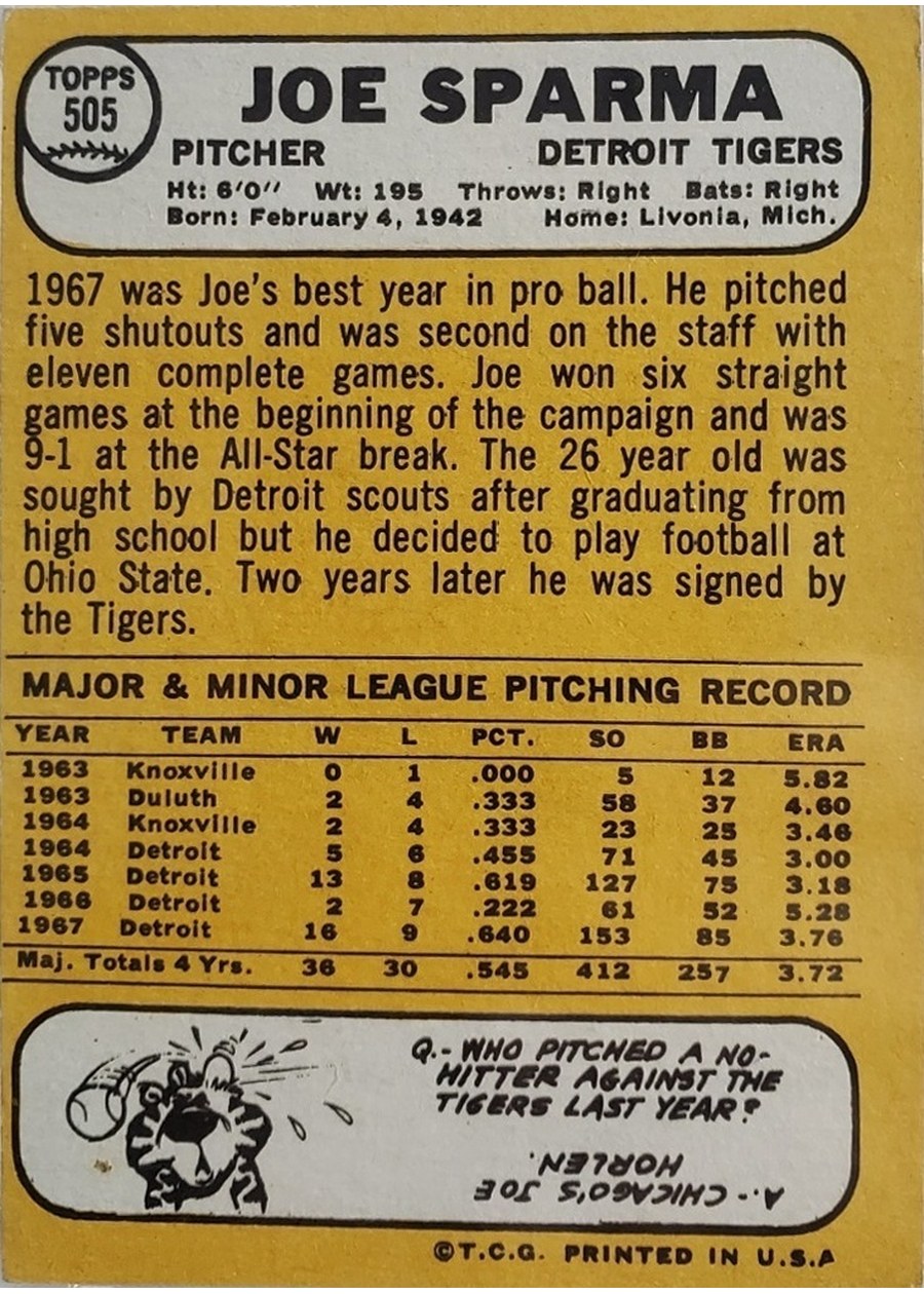 1968 Topps #505 Joe Sparma card back