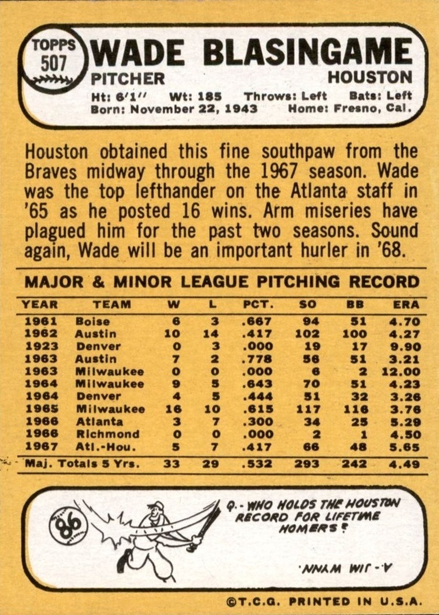 1968 Topps #507 Wade Blasingame card back