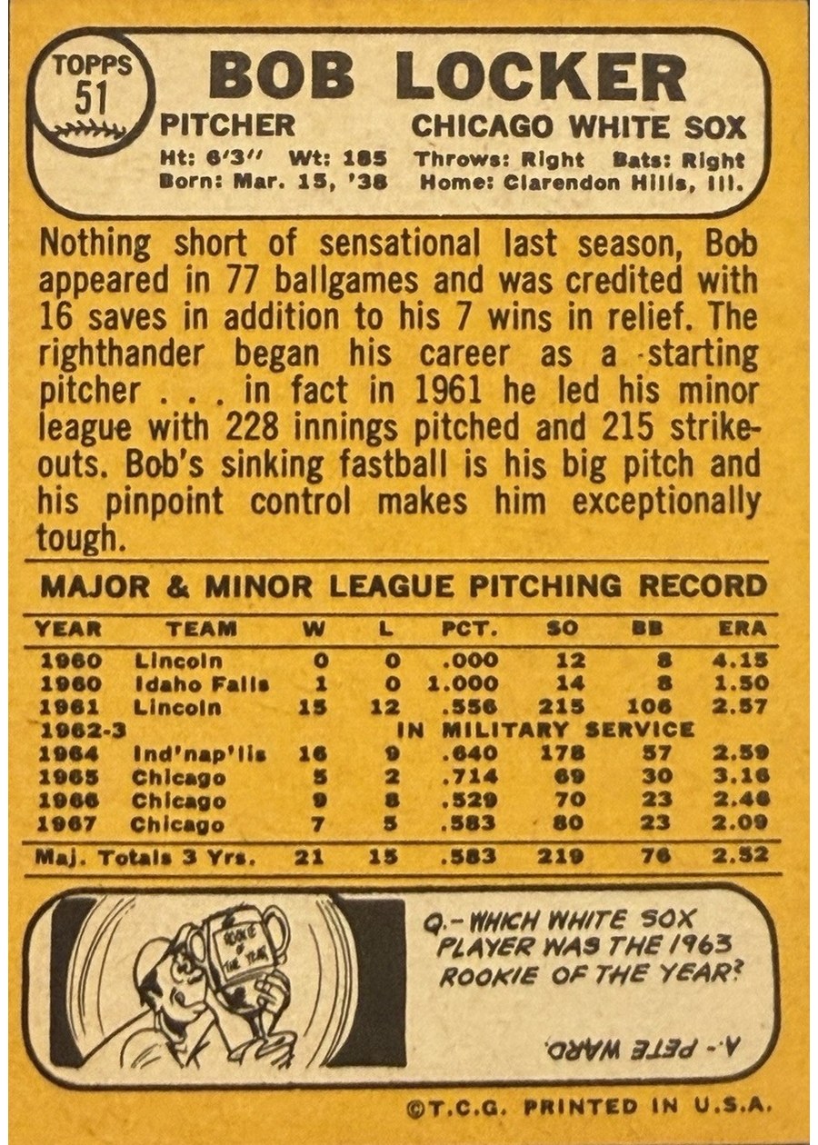 1968 Topps #51 Bob Locker card back