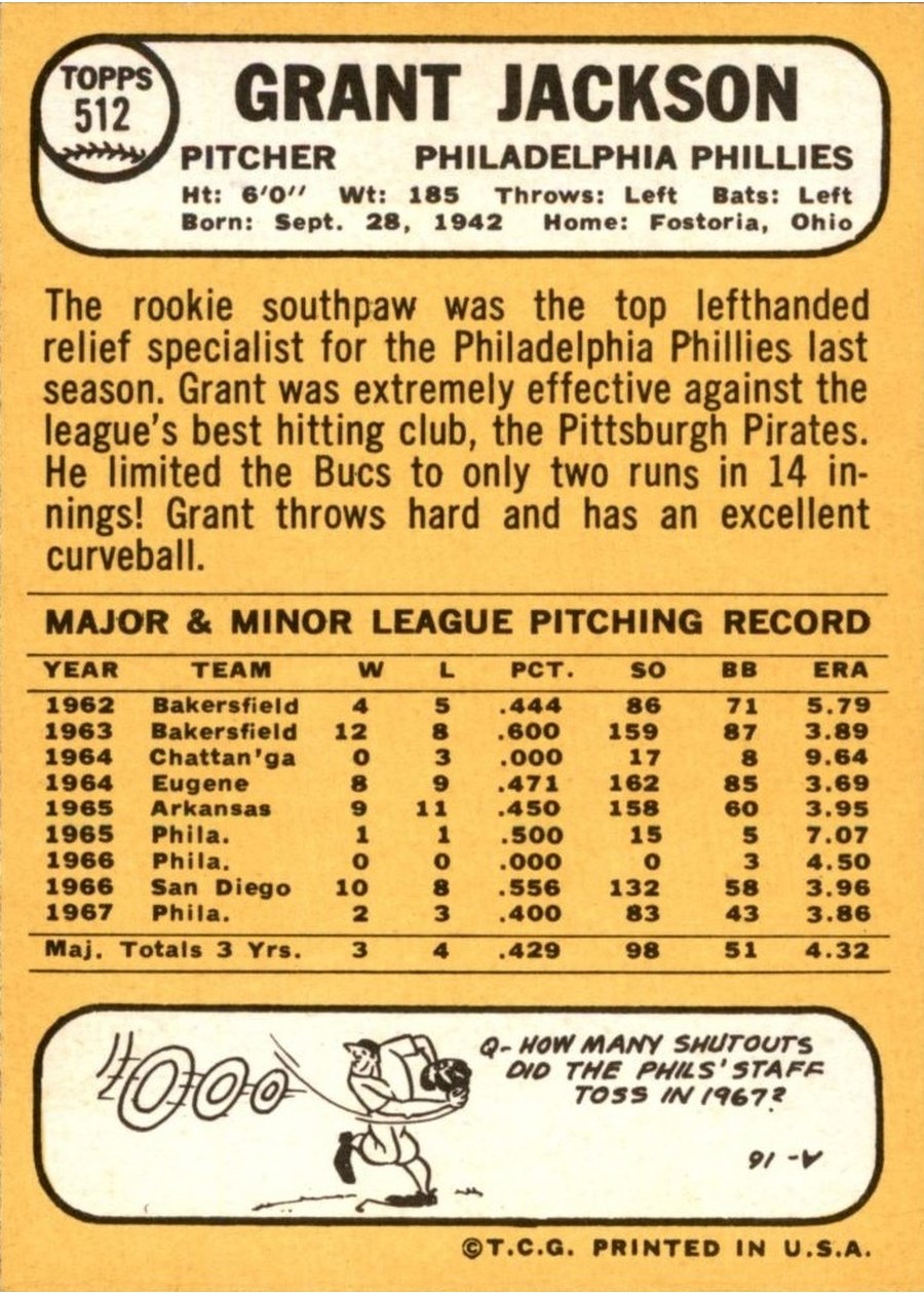 1968 Topps #512 Grant Jackson card back