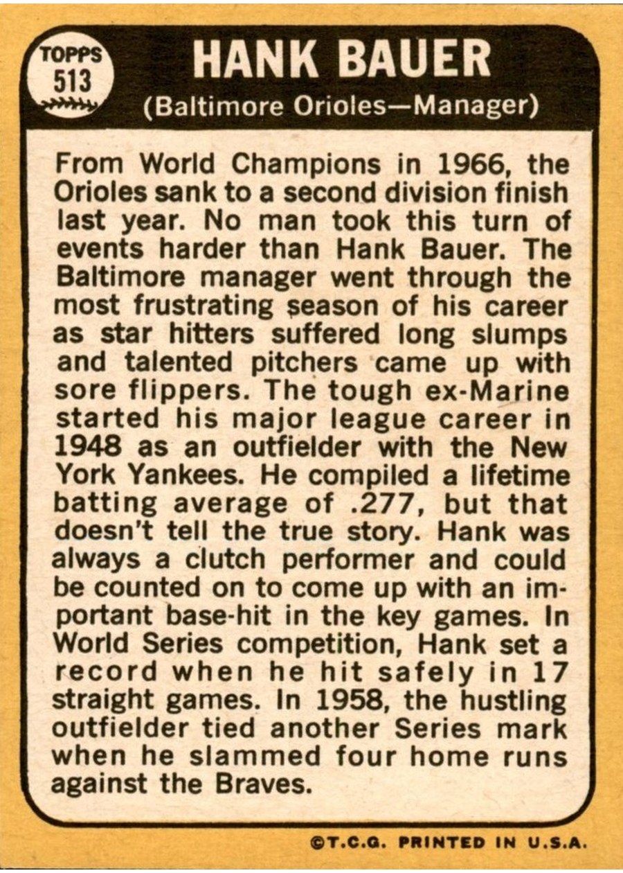 1968 Topps #513 Hank Bauer card back