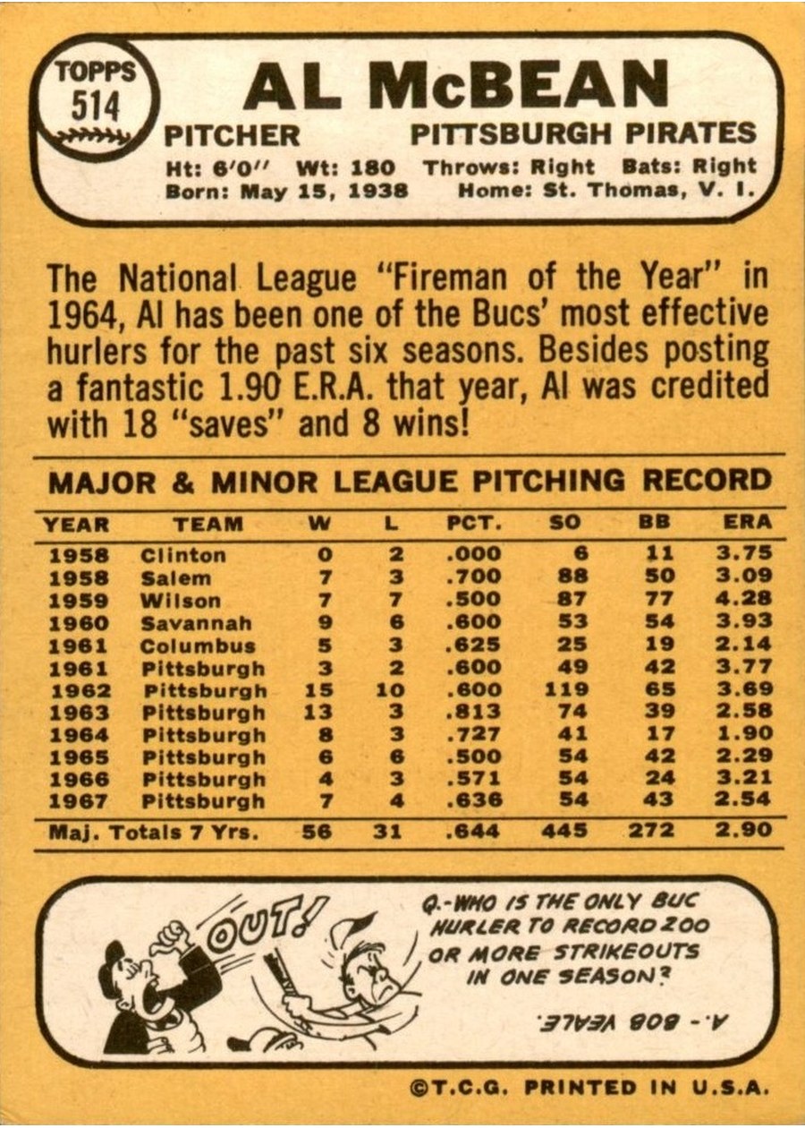 1968 Topps #514 Al McBean card back