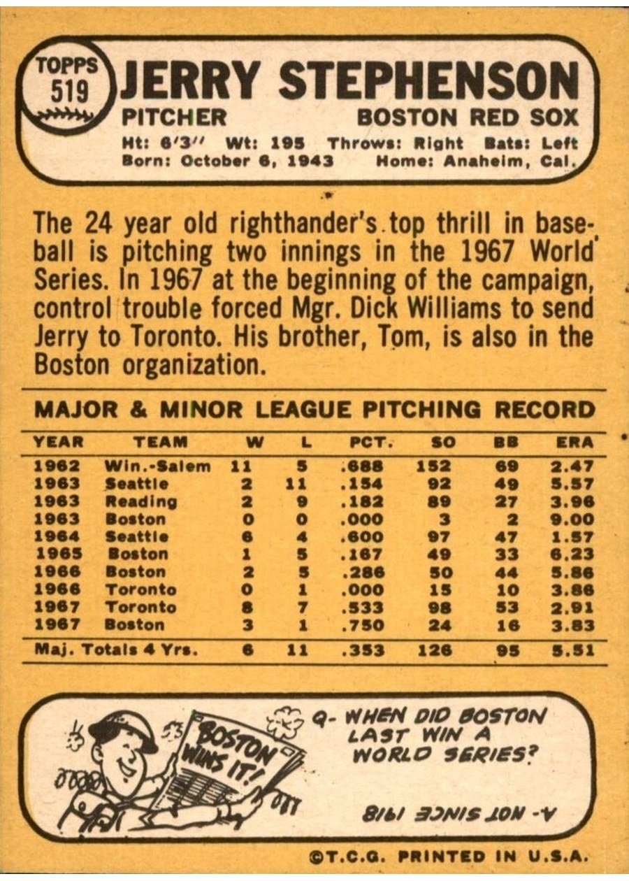 1968 Topps #519 Jerry Stephenson card back