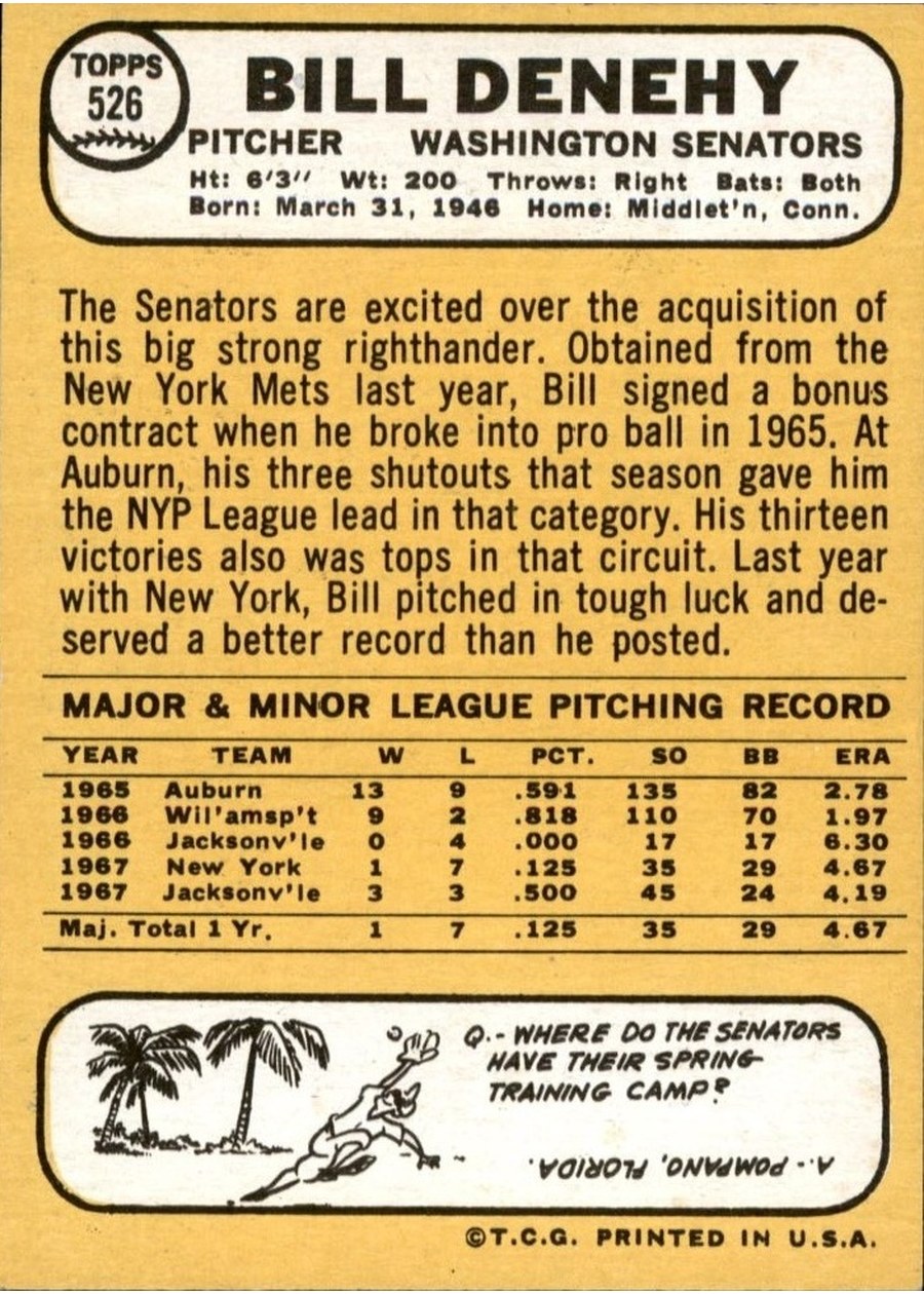 1968 Topps #526 Bill Denehy card back