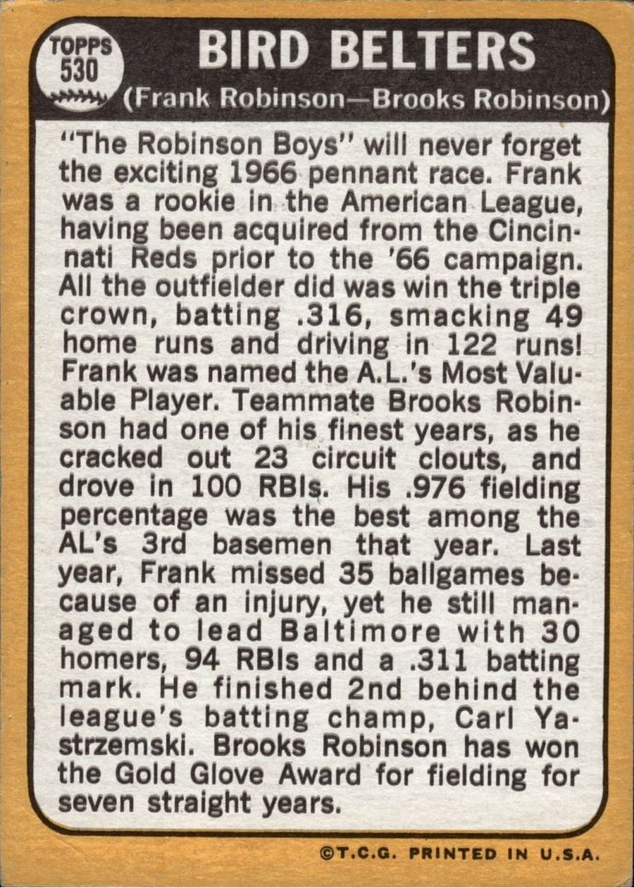 1968 Topps #530 Bird Belters card back