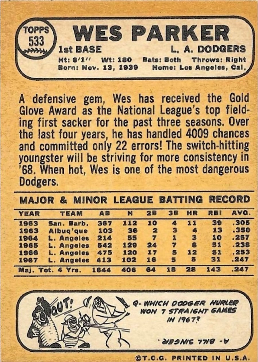 1968 Topps #533 Wes Parker card back