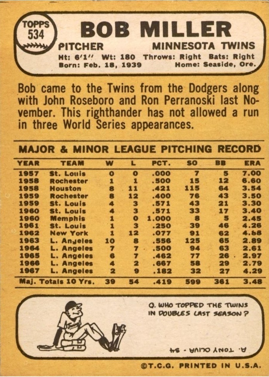 1968 Topps #534 Bob Miller card back