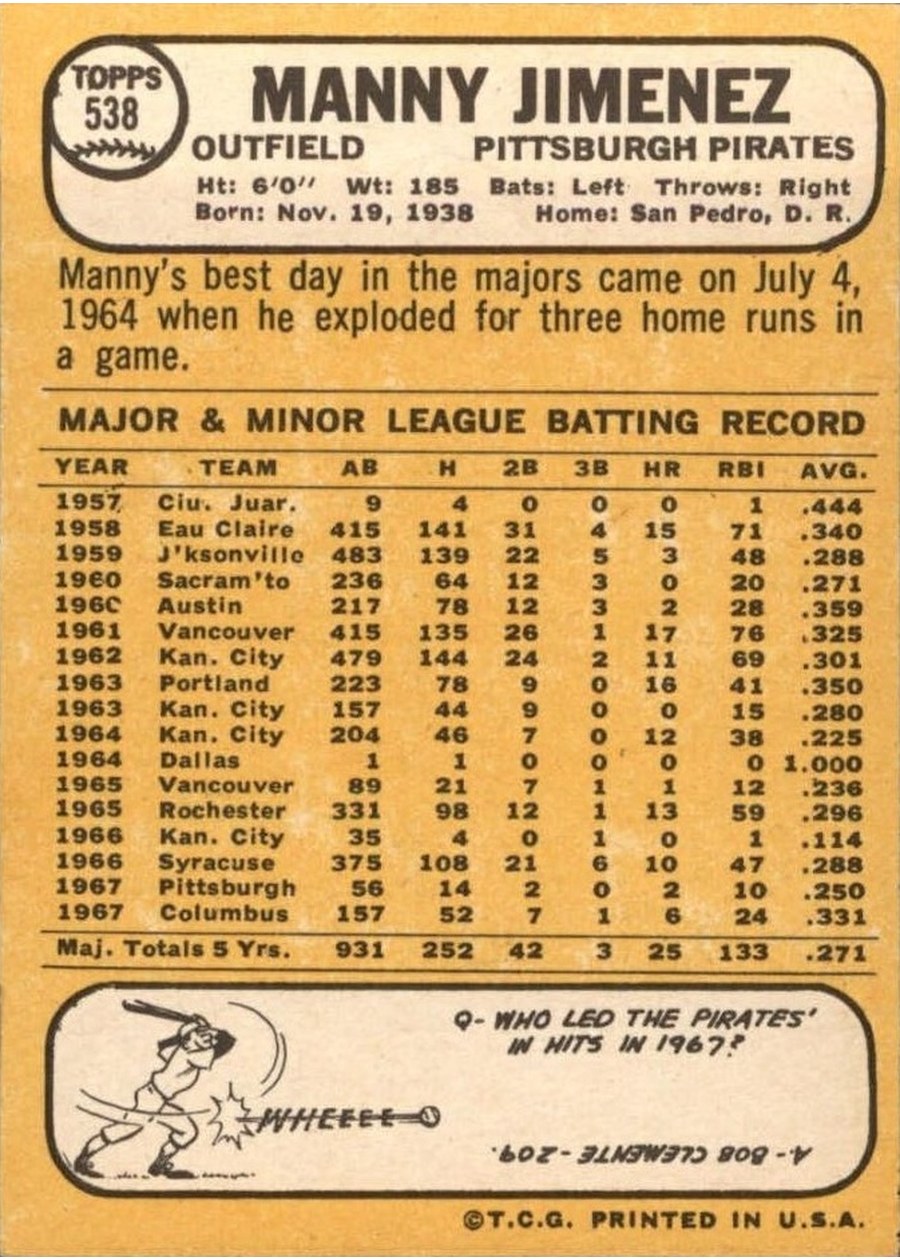 1968 Topps #538 Manny Jimenez card back