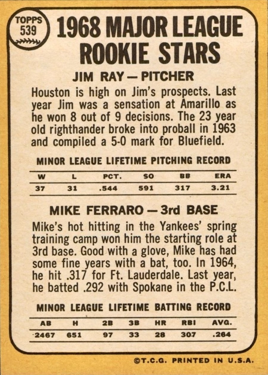 1968 Topps #539 Major League 1968 Rookie Stars card back