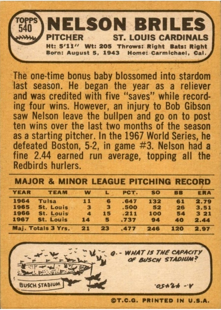 1968 Topps #540 Nelson Briles card back