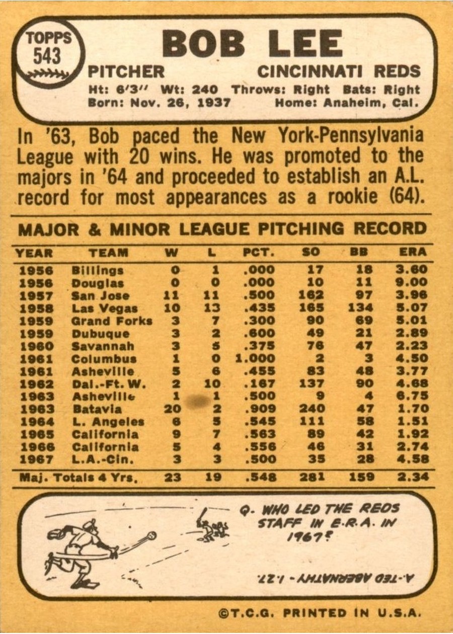 1968 Topps #543 Bob Lee card back