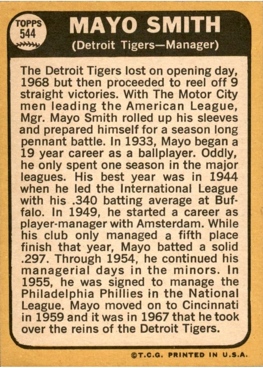 1968 Topps #544 Mayo Smith card back