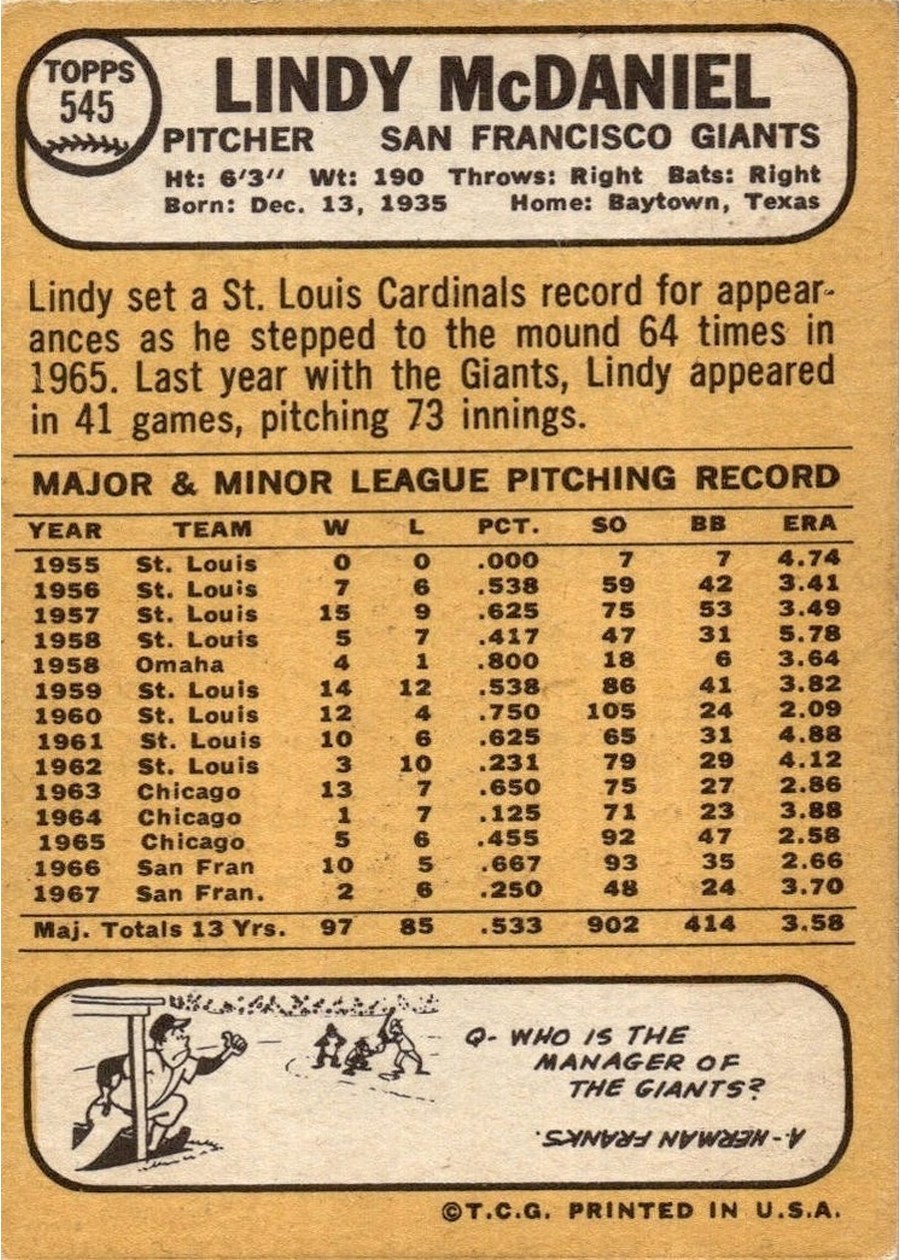 1968 Topps #545 Lindy McDaniel card back