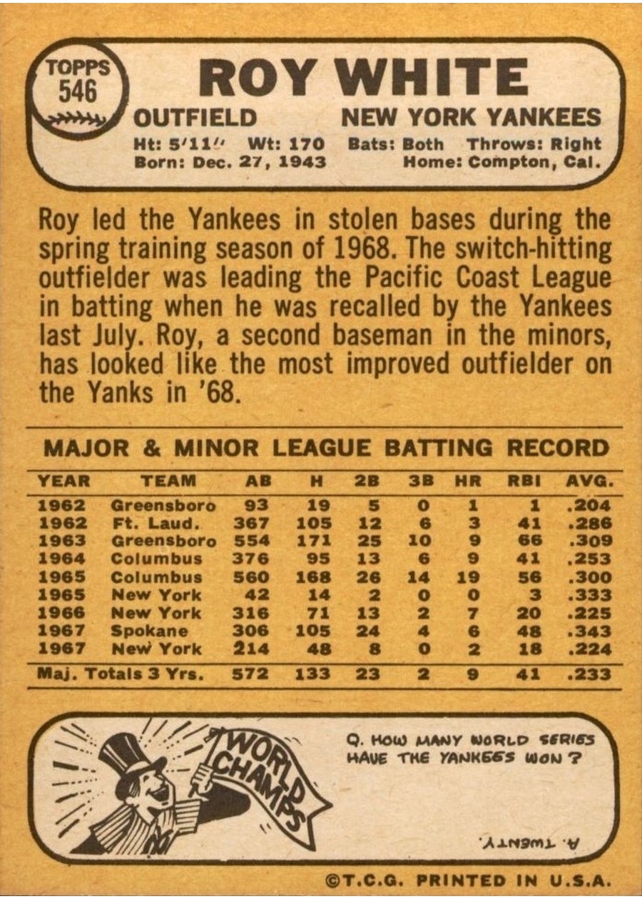 1968 Topps #546 Roy White card back