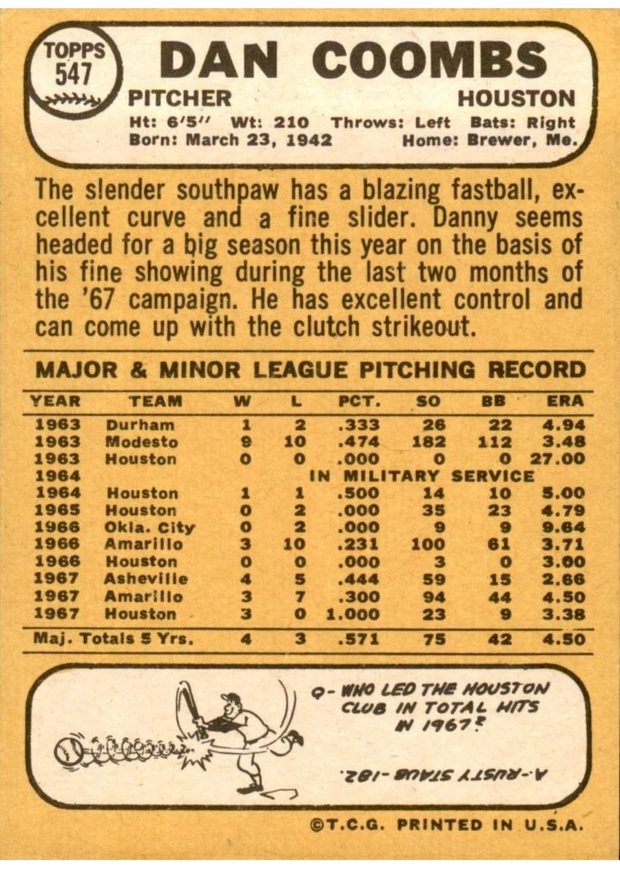 1968 Topps #547 Dan Coombs card back