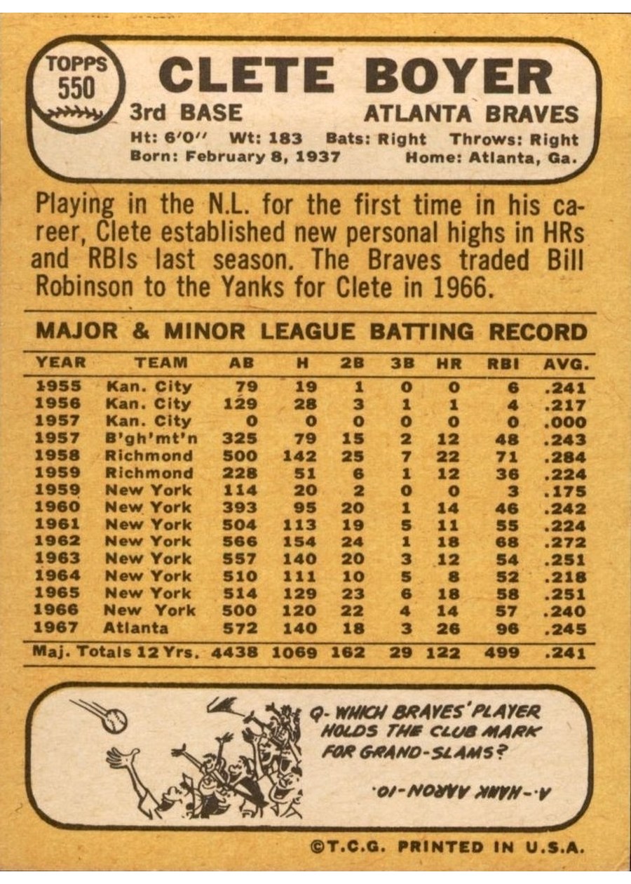 1968 Topps #550 Clete Boyer card back