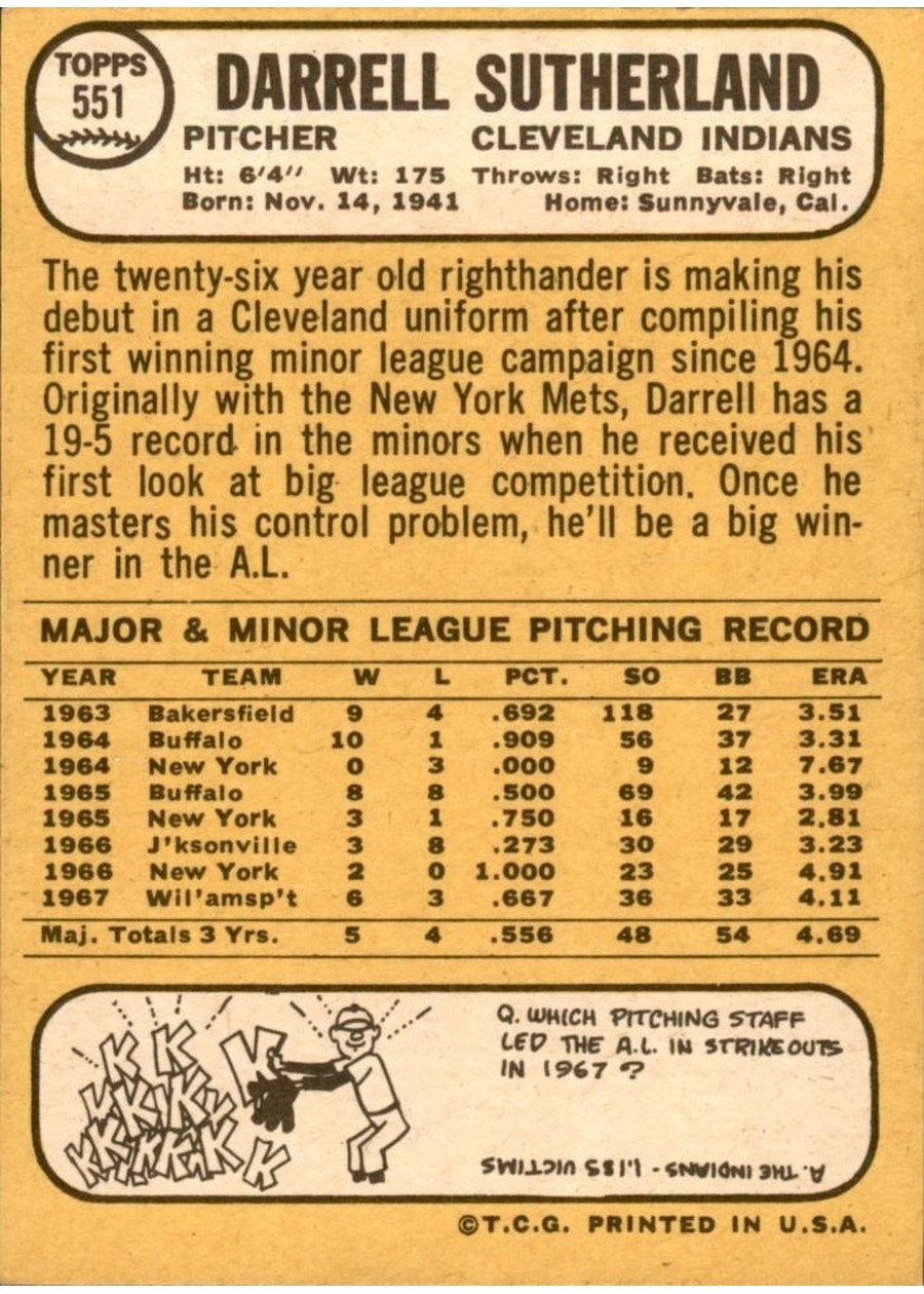 1968 Topps #551 Darrell Sutherland card back