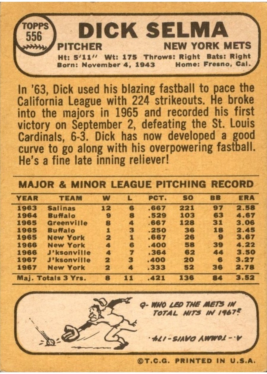 1968 Topps #556 Dick Selma card back