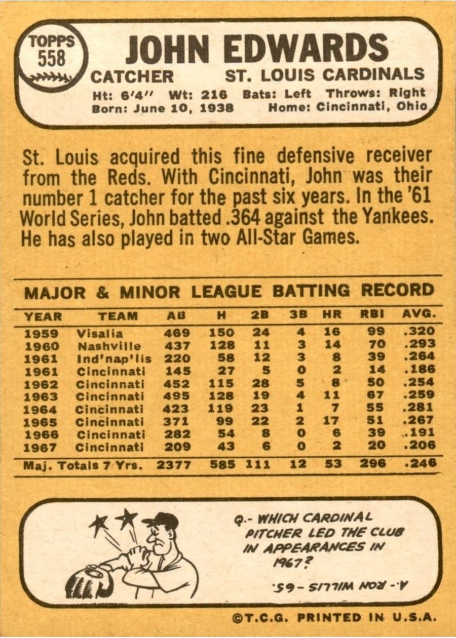 1968 Topps #558 John Edwards card back