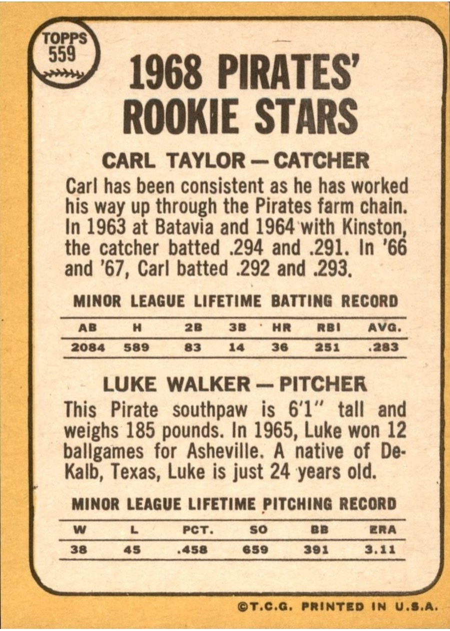 1968 Topps #559 Pirates 1968 Rookie Stars card back