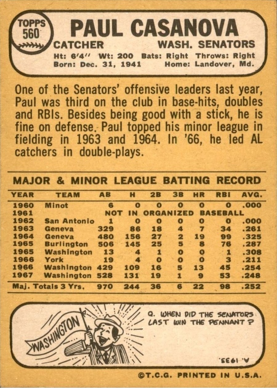 1968 Topps #560 Paul Casanova card back