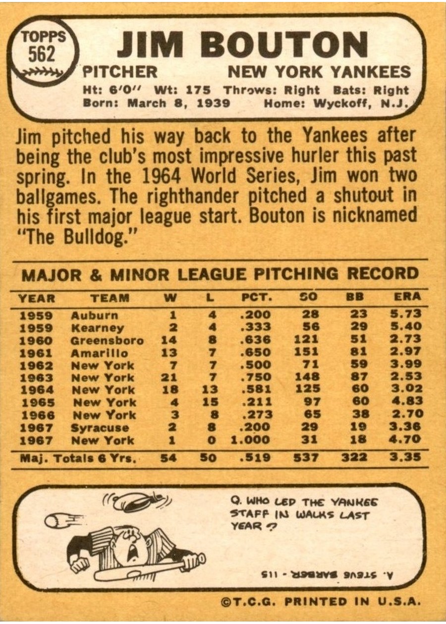 1968 Topps #562 Jim Bouton card back