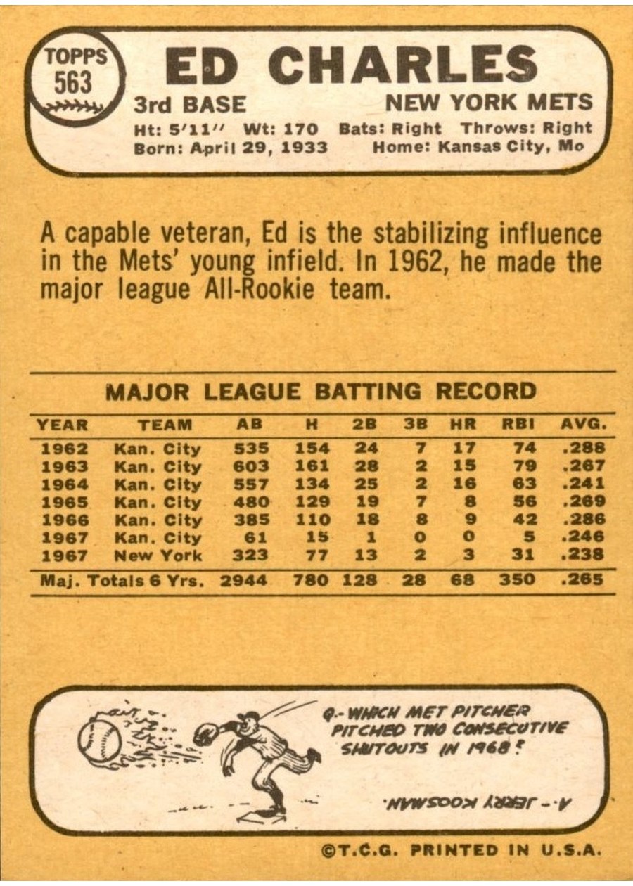 1968 Topps #563 Ed Charles card back