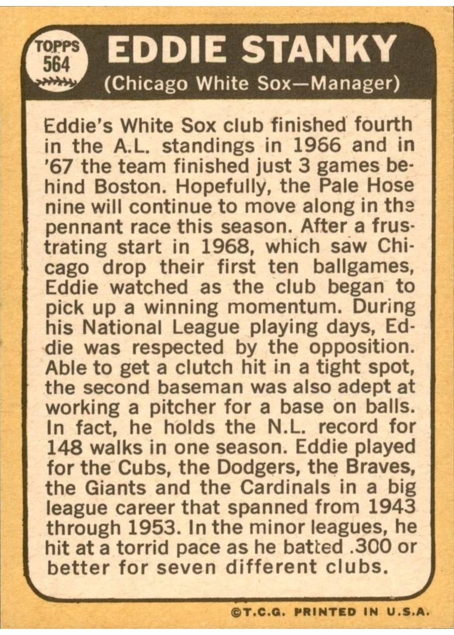 1968 Topps #564 Eddie Stanky card back
