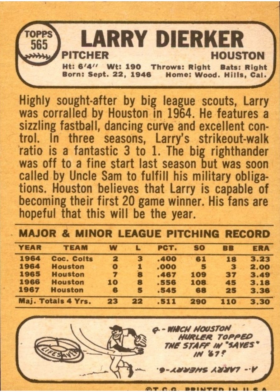 1968 Topps #565 Larry Dierker card back