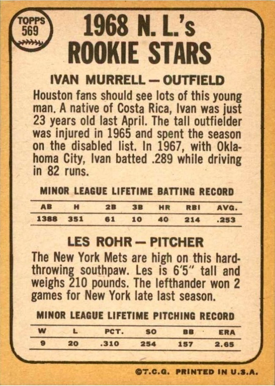 1968 Topps #569 National League 1968 Rookie Stars card back