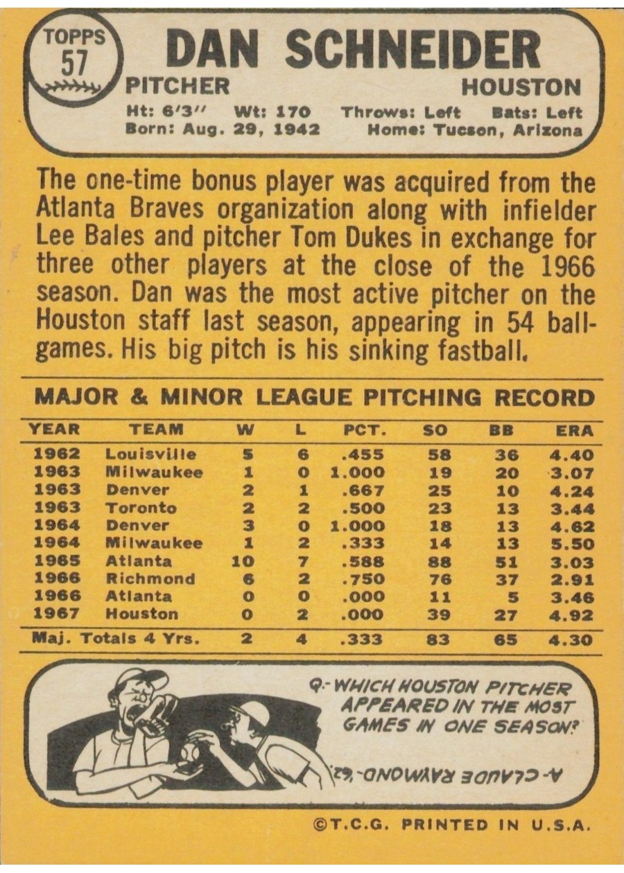 1968 Topps #57 Dan Schneider card back