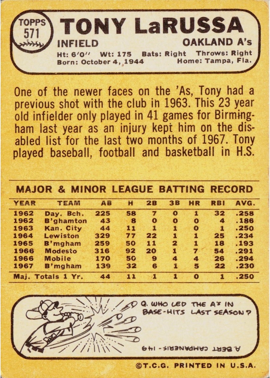 1968 Topps #571 Tony LaRussa card back
