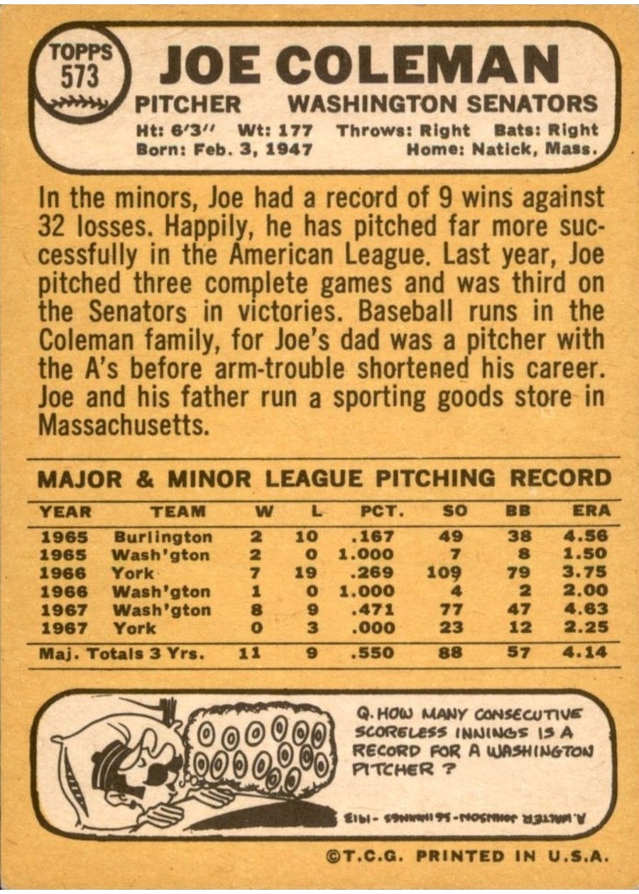1968 Topps #573 Joe Coleman card back