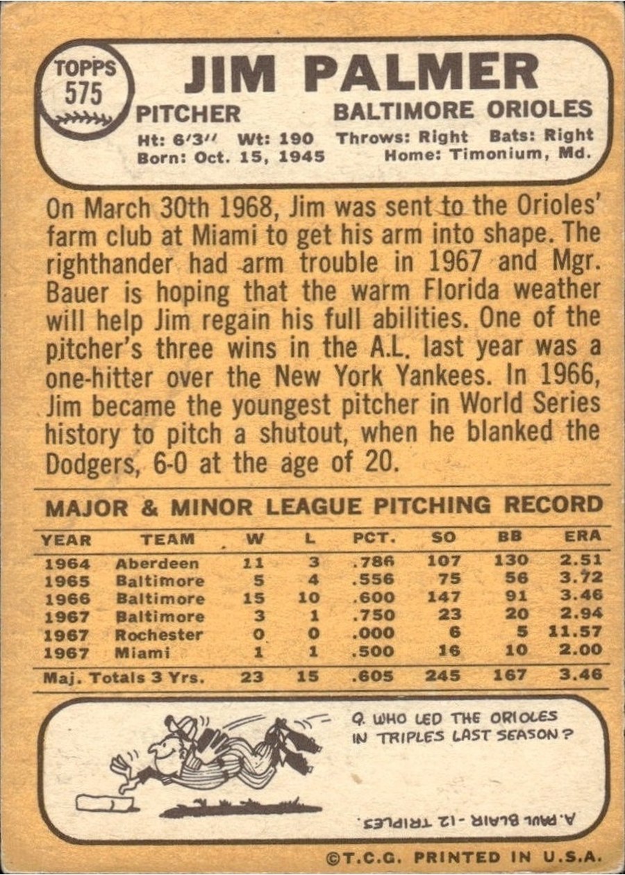 1968 Topps #575 Jim Palmer card back