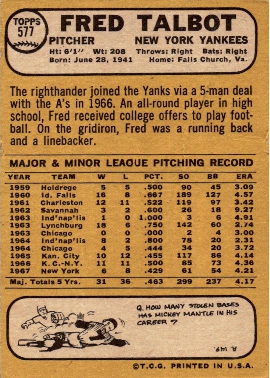 1968 Topps #577 Fred Talbot card back