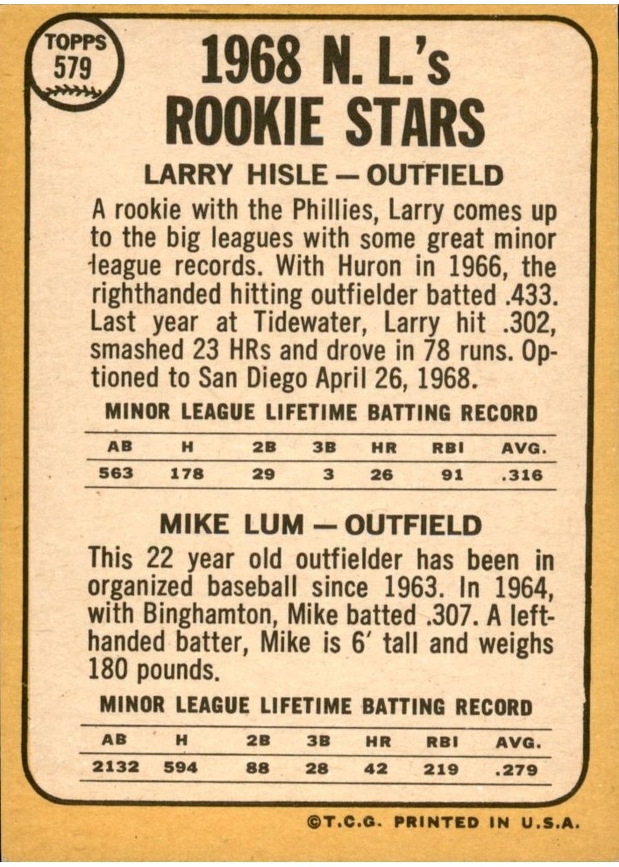 1968 Topps #579 National League 1968 Rookie Stars card back