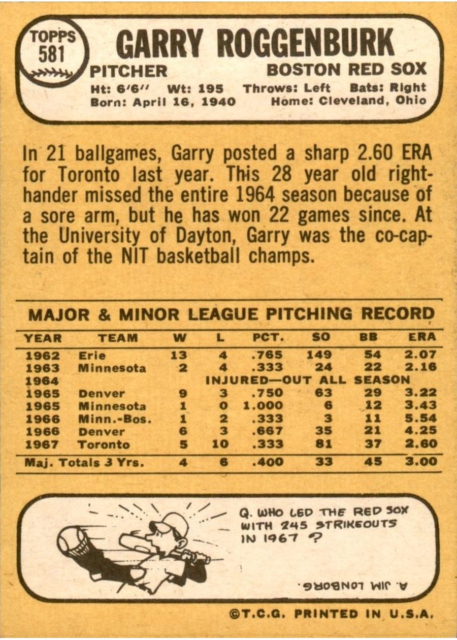 1968 Topps #581 Garry Roggenburk card back
