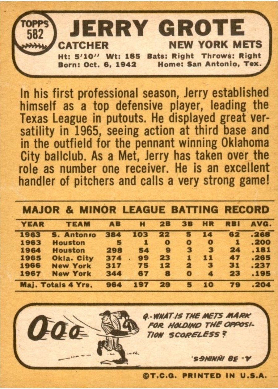 1968 Topps #582 Jerry Grote card back