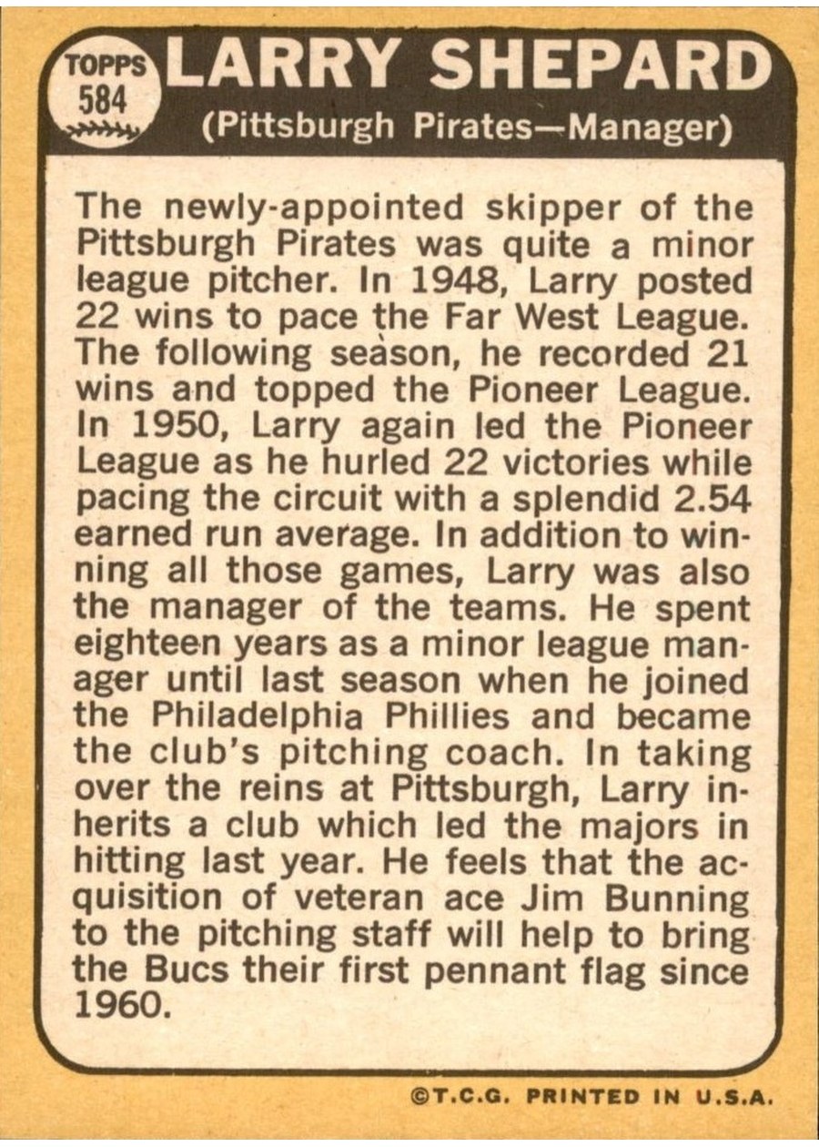 1968 Topps #584 Larry Shepard card back